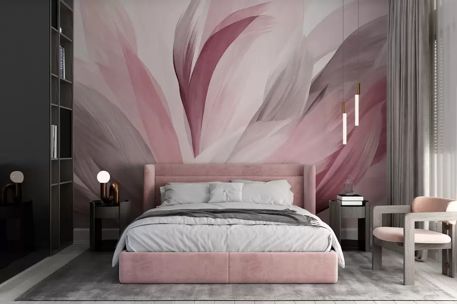 murales Plumas abstractas con textura en rosa, blanco y gris y varios tonos, superpuestas sobre un fondo blanco w09531v2