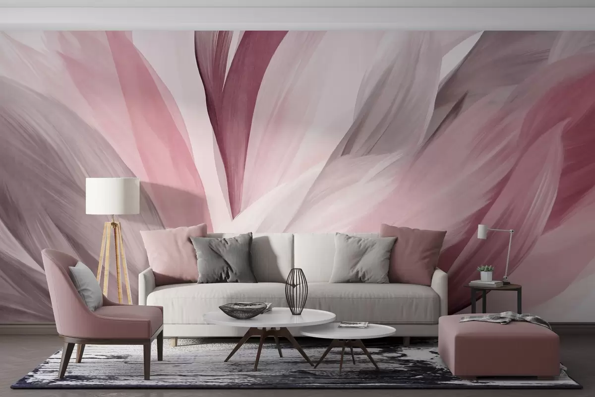 Wall Mural Photo Wallpaper Abstract textured feathers in pink, white, and gray and various shades, overlapping on a white background w09531v2