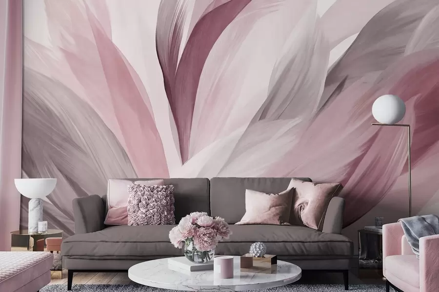 murales Plumas abstractas con textura en rosa, blanco y gris y varios tonos, superpuestas sobre un fondo blanco w09531v2