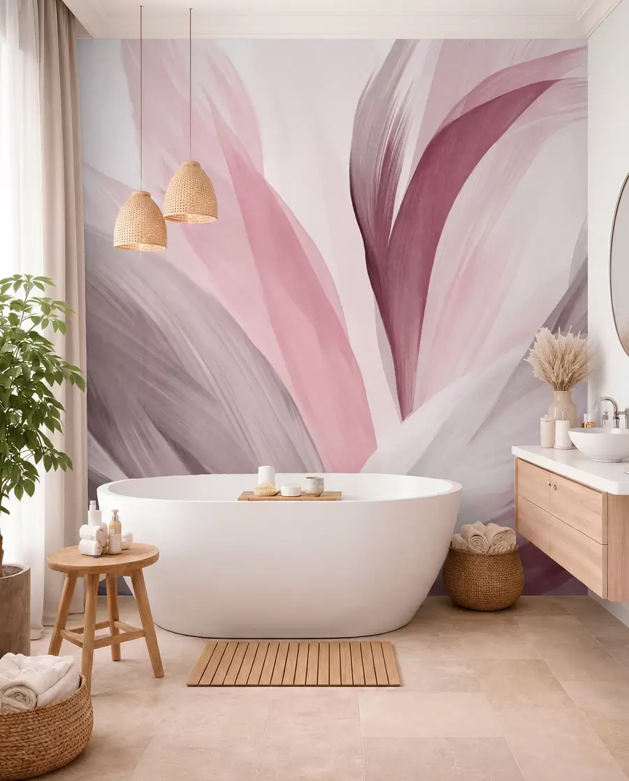 peintures murales Plumes abstraites texturées dans les tons rose, blanc, gris et diverses nuances, se superposant sur un fond blanc w09531v2