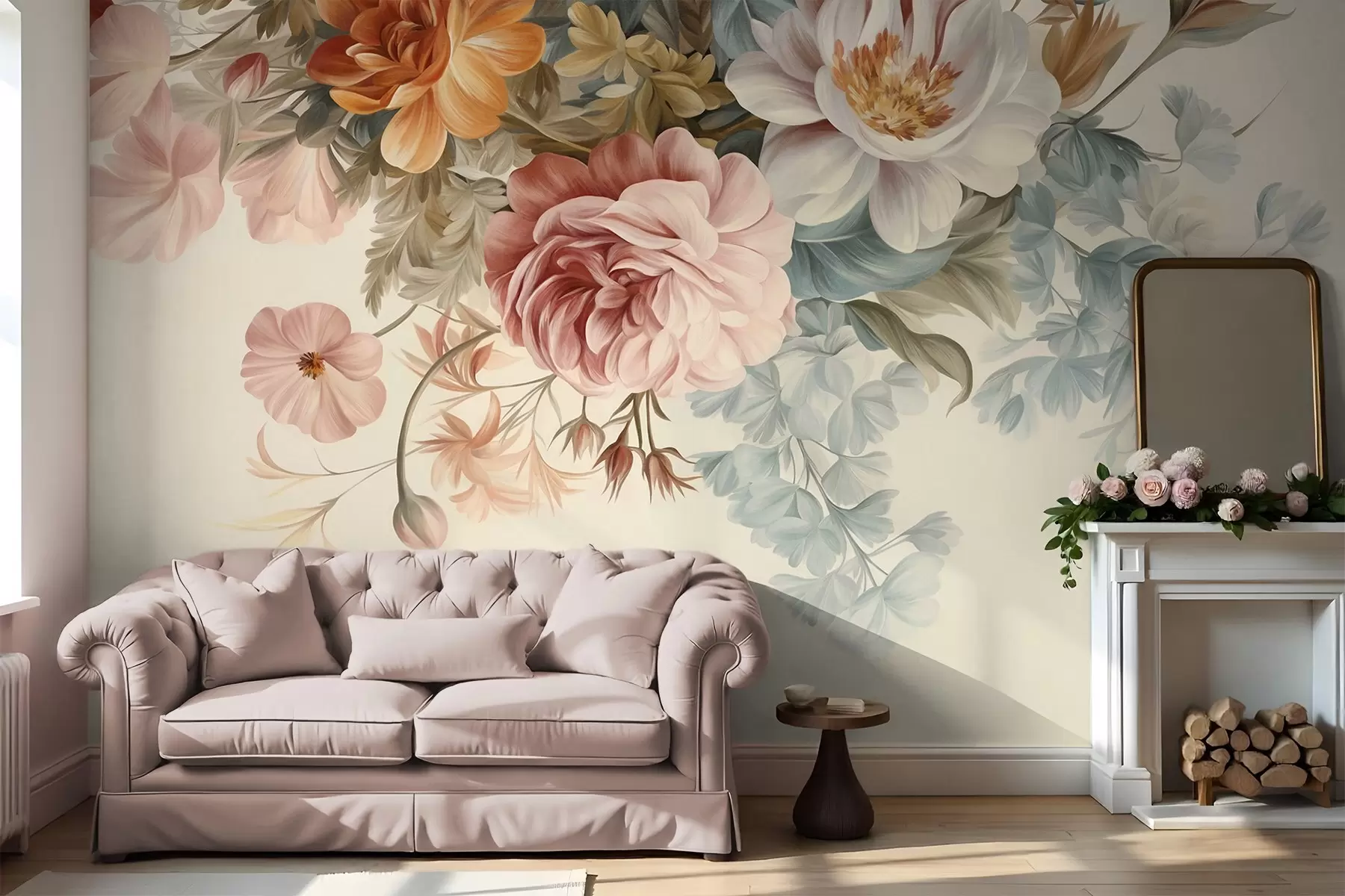 Wall Mural Photo Wallpaper Vintage floral arrangement with roses, peonies and other textured flowers with foliage, on a light background w09532