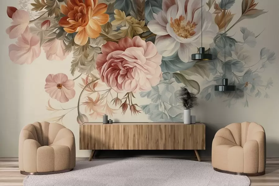 murales Arreglo floral vintage con rosas, peonías y otras flores con textura y follaje, sobre un fondo claro w09532