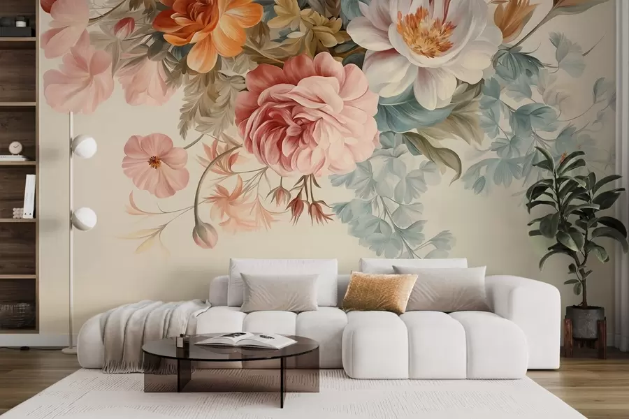 Wall Mural Photo Wallpaper Vintage floral arrangement with roses, peonies and other textured flowers with foliage, on a light background w09532