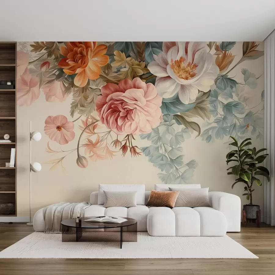 peintures murales Composition florale vintage avec des roses, des pivoines et d'autres fleurs texturées accompagnées de feuillage, sur un fond clair. w09532