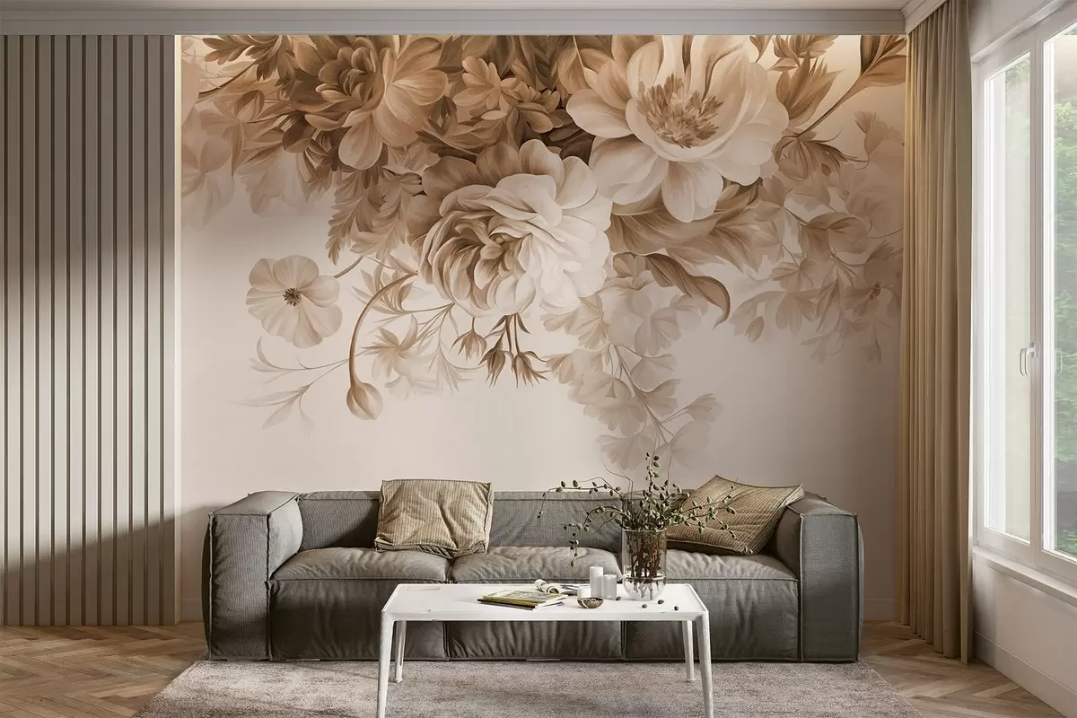Wall Mural Photo Wallpaper Vintage floral arrangement with roses, peonies and other textured flowers with foliage, on a light background w09532v1