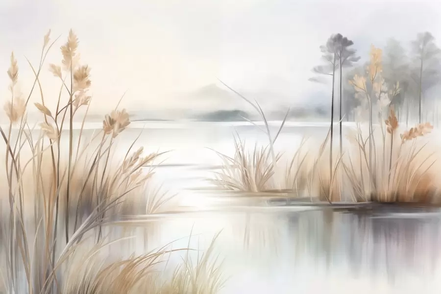 Wall Mural Photo Wallpaper Landscape with a lake and tall grass in the foreground, mountains in the background, soft colors, textured w09534