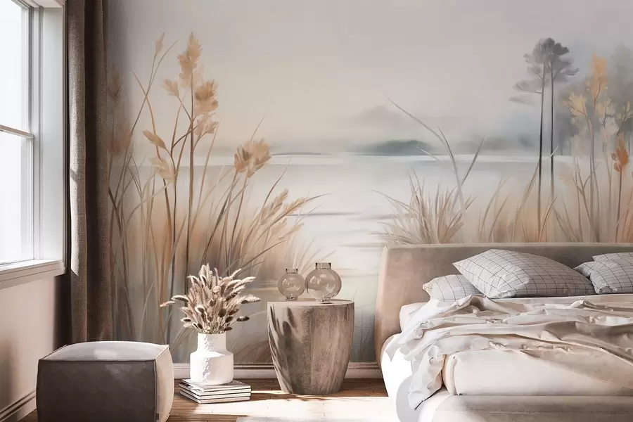 Wall Mural Photo Wallpaper Landscape with a lake and tall grass in the foreground, mountains in the background, soft colors, textured w09534