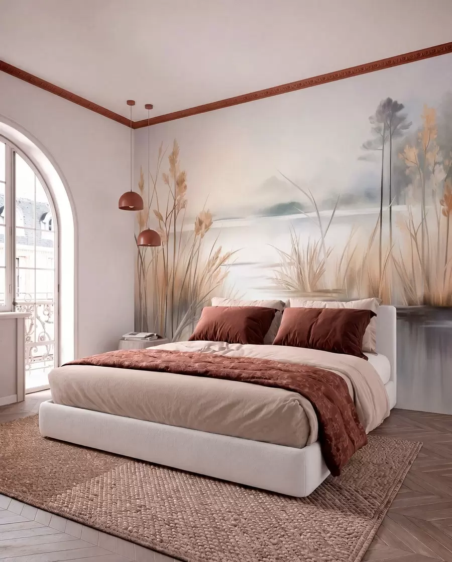 wall murals Landscape with a lake and tall grass in the foreground, mountains in the background, soft colors, textured w09534