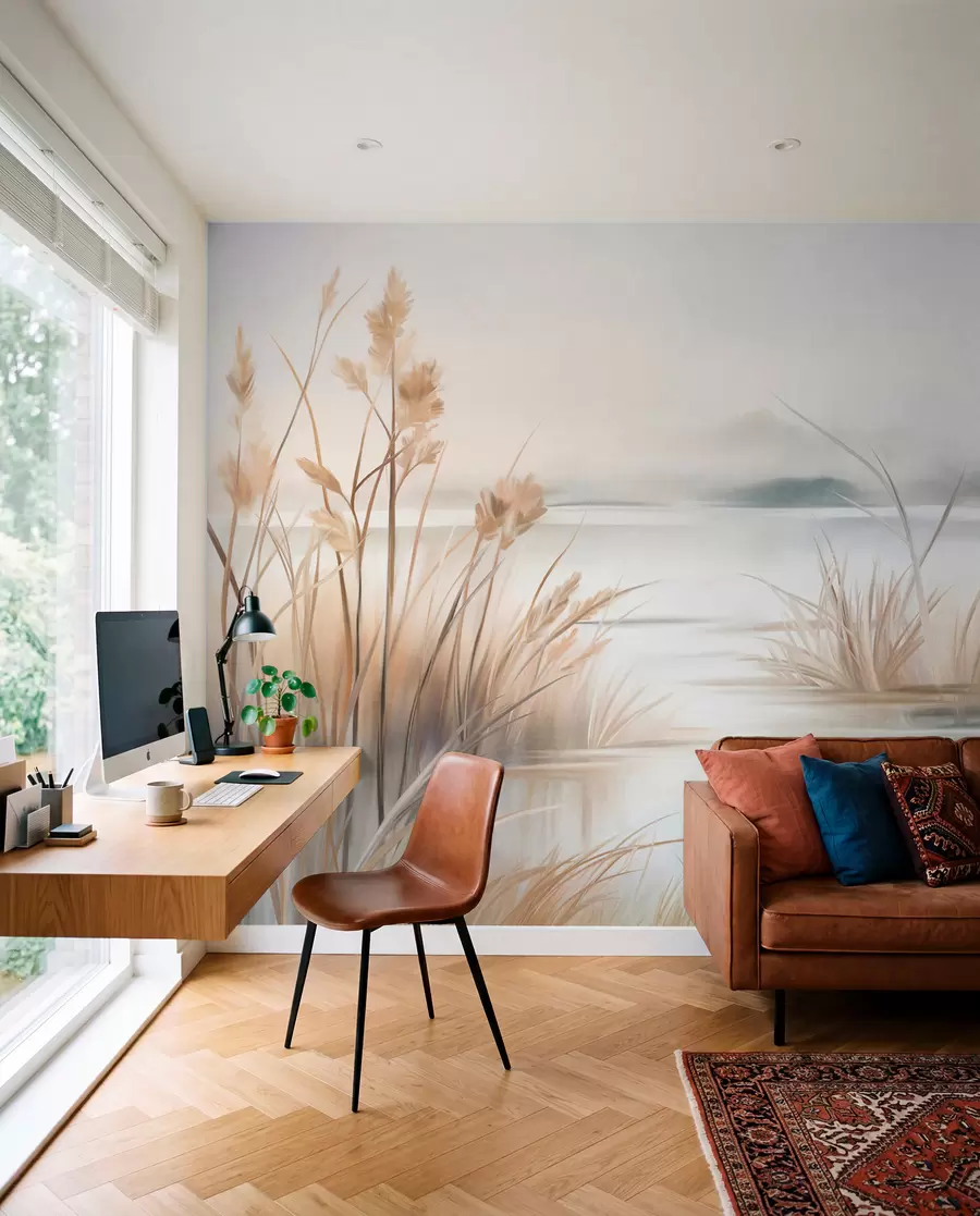 wall murals Landscape with a lake and tall grass in the foreground, mountains in the background, soft colors, textured w09534