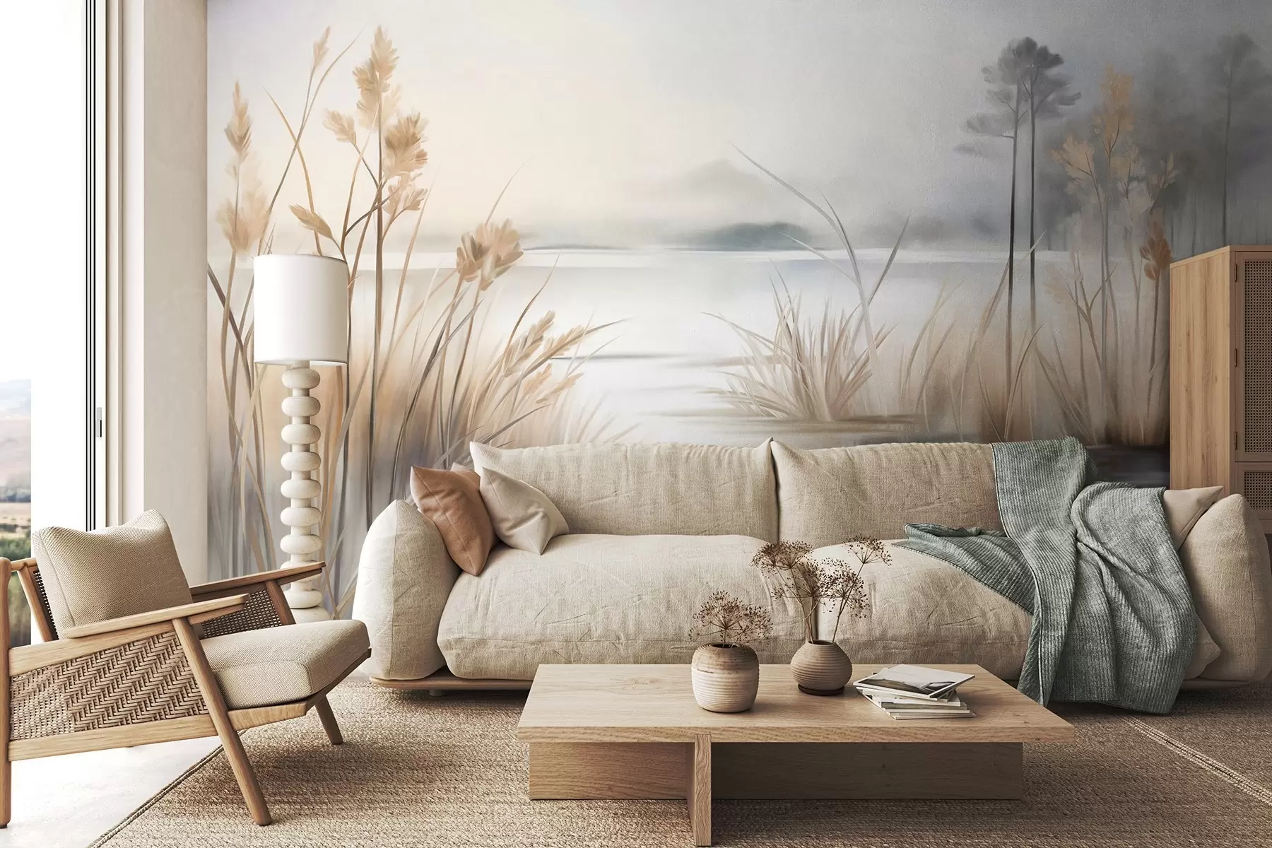 wall murals Landscape with a lake and tall grass in the foreground, mountains in the background, soft colors, textured w09534