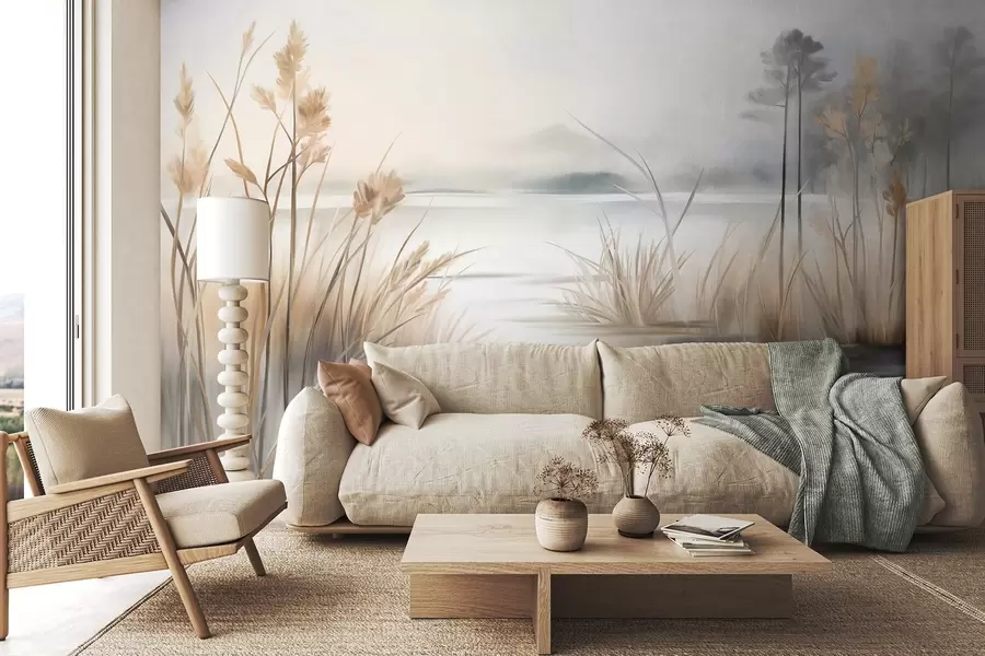 Wall Mural Photo Wallpaper Landscape with a lake and tall grass in the foreground, mountains in the background, soft colors, textured w09534
