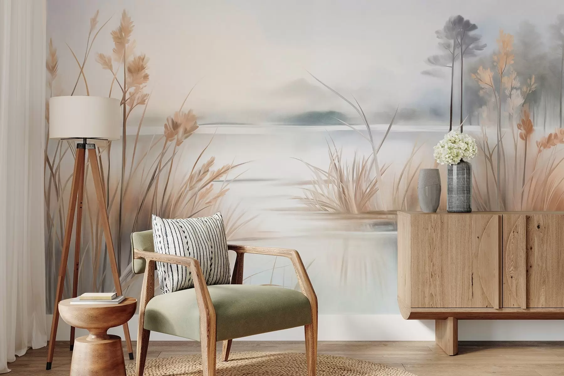 wall murals Landscape with a lake and tall grass in the foreground, mountains in the background, soft colors, textured w09534
