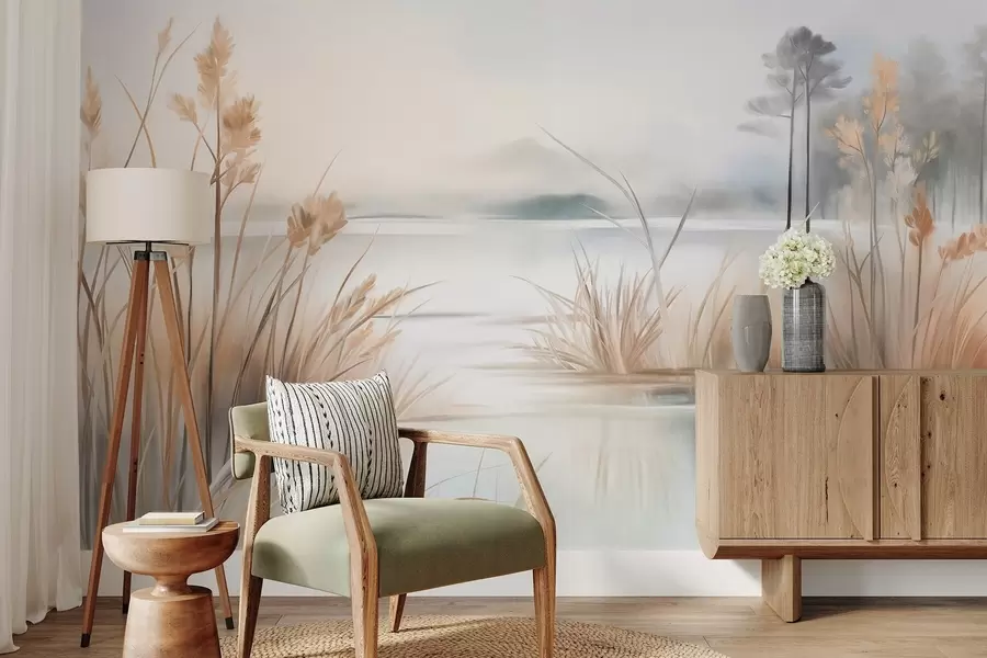 Wall Mural Photo Wallpaper Landscape with a lake and tall grass in the foreground, mountains in the background, soft colors, textured w09534