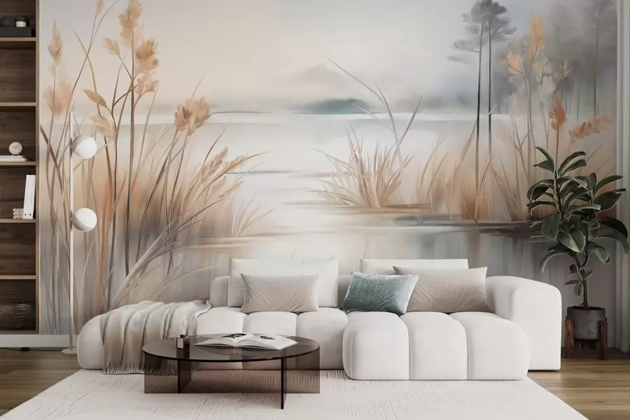 Wall Mural Photo Wallpaper Landscape with a lake and tall grass in the foreground, mountains in the background, soft colors, textured w09534