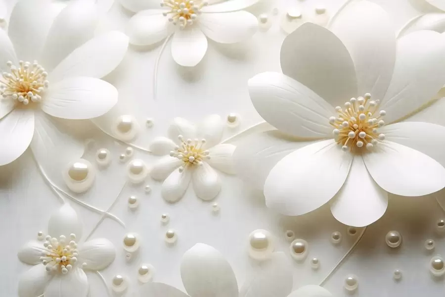 murales Flores blancas con perlas esparcidas sobre un fondo blanco, diseño elegante y minimalista, con textura. w09535