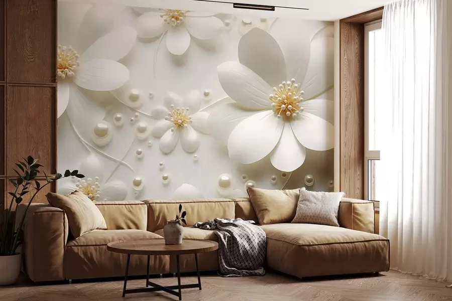 Wall Mural Photo Wallpaper White flowers with pearls scattered on a white background, elegant and minimalist design, textured w09535