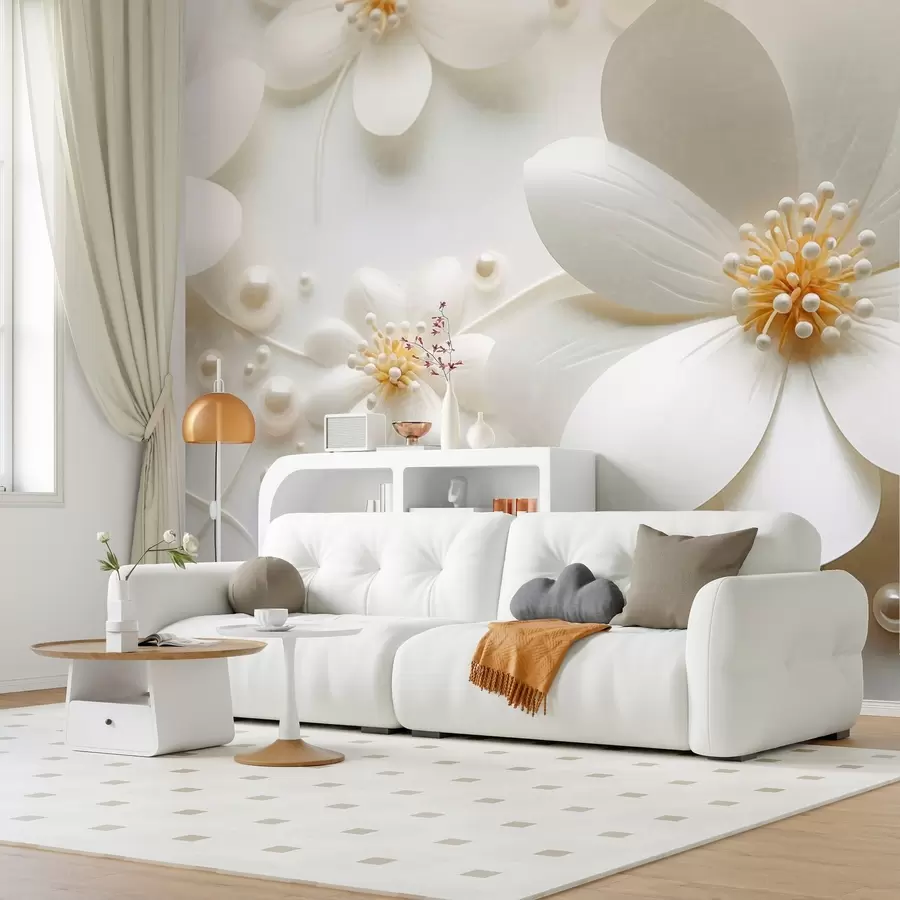 peintures murales Fleurs blanches avec des perles dispersées sur un fond blanc, design élégant et minimaliste, texturé w09535