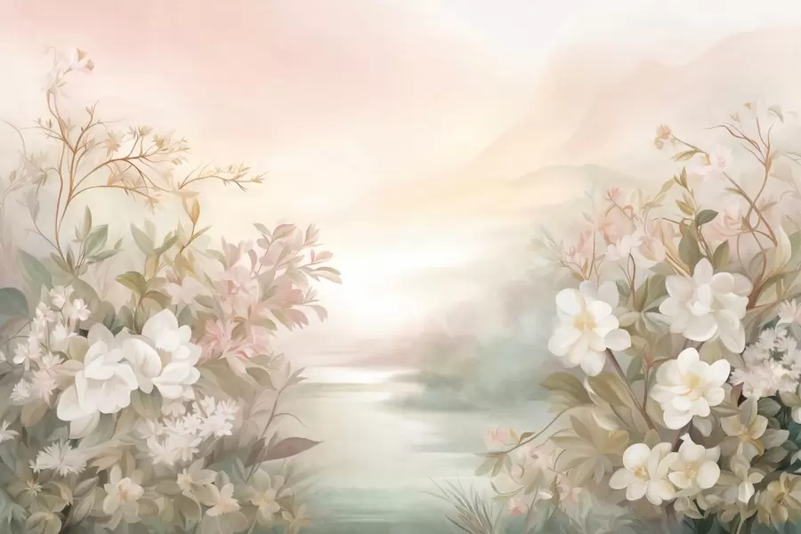 Wall Mural Photo Wallpaper A landscape with a river surrounded by flowers and plants, soft colors, pink sky, watercolor textured style w09537