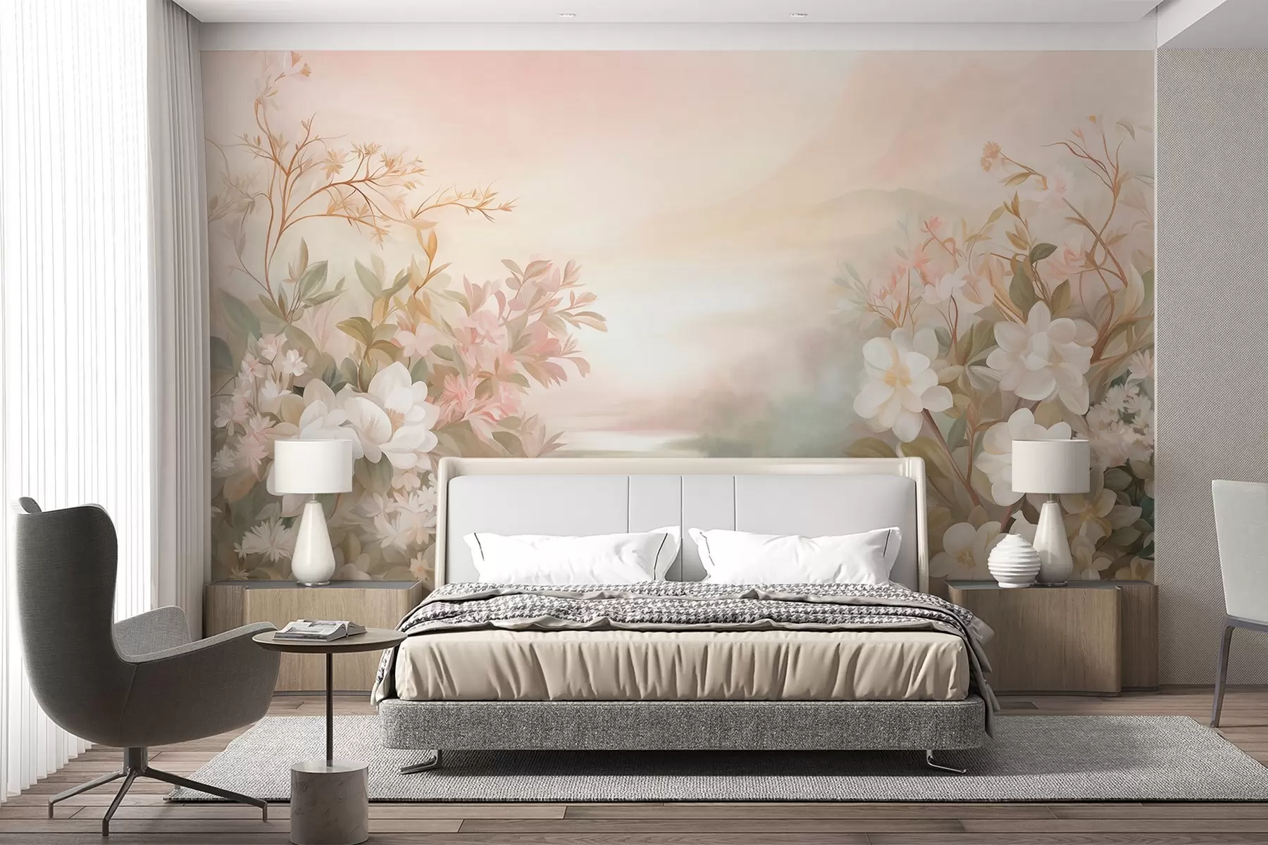 Wall Mural Photo Wallpaper A landscape with a river surrounded by flowers and plants, soft colors, pink sky, watercolor textured style w09537