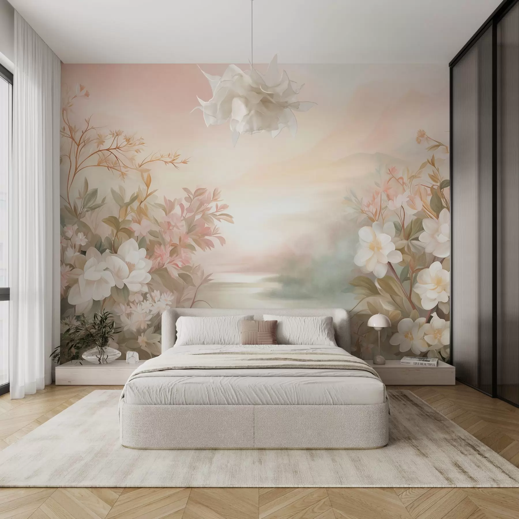murales Un paisaje con un río rodeado de flores y plantas, colores suaves, cielo rosado, estilo con textura de acuarela w09537