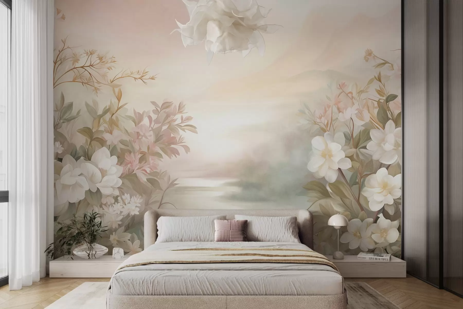 Wall Mural Photo Wallpaper A landscape with a river surrounded by flowers and plants, soft colors, pink sky, watercolor textured style w09537