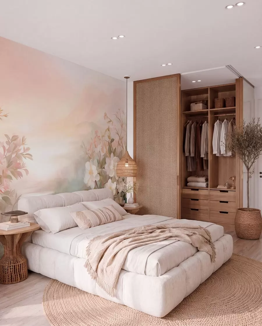 peintures murales Un paysage avec une rivière entourée de fleurs et de plantes, des couleurs douces, un ciel rose, un style aquarelle texturé w09537
