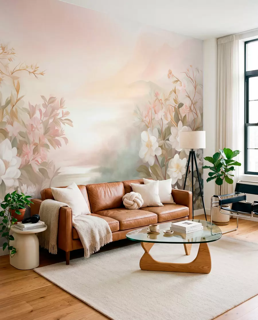 Wall Mural Photo Wallpaper A landscape with a river surrounded by flowers and plants, soft colors, pink sky, watercolor textured style w09537