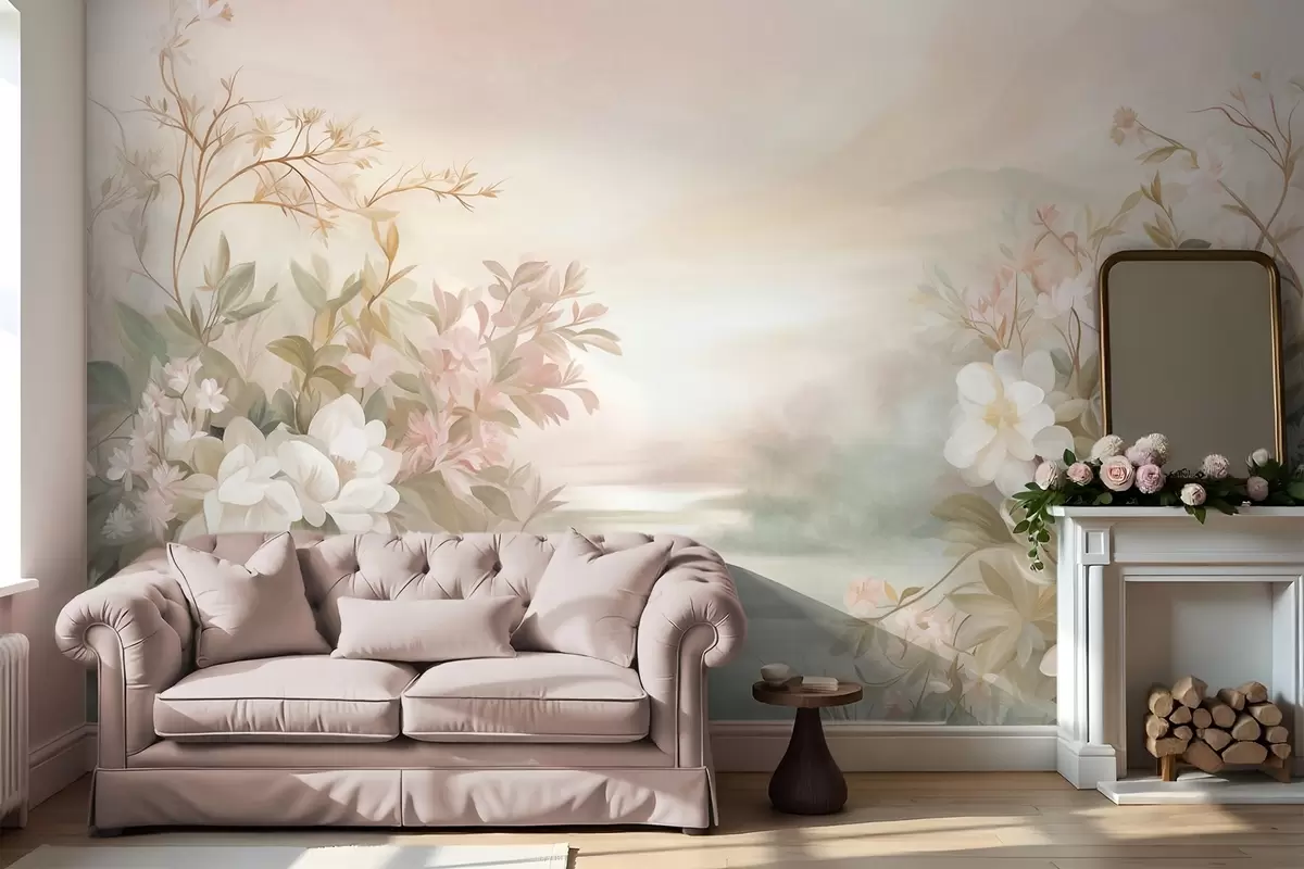 wall murals A landscape with a river surrounded by flowers and plants, soft colors, pink sky, watercolor textured style w09537