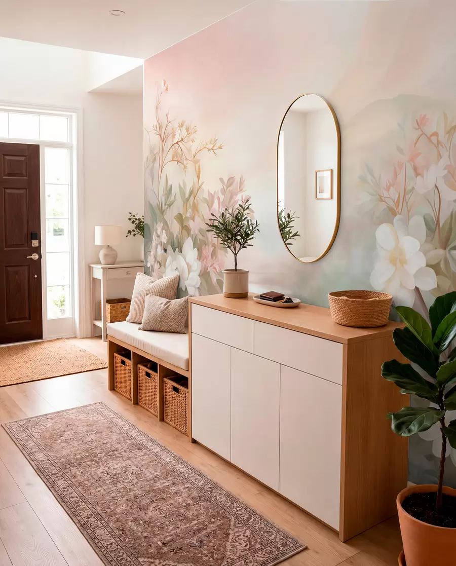peintures murales Un paysage avec une rivière entourée de fleurs et de plantes, des couleurs douces, un ciel rose, un style aquarelle texturé w09537