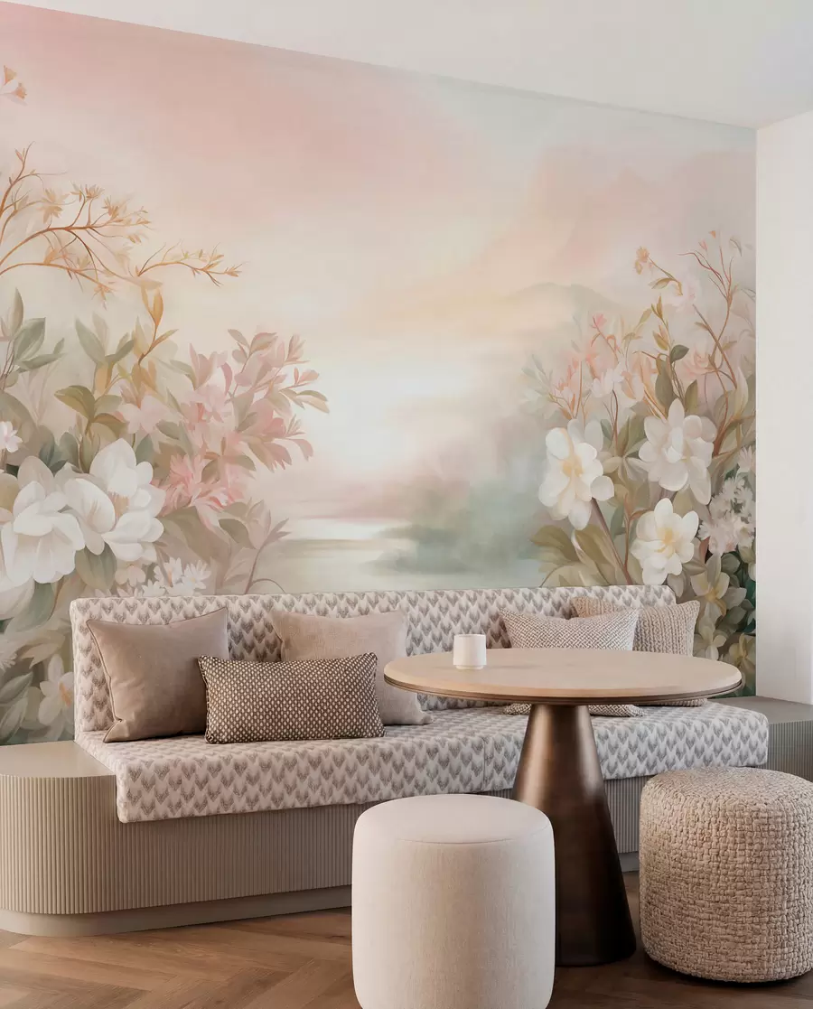 wall murals A landscape with a river surrounded by flowers and plants, soft colors, pink sky, watercolor textured style w09537