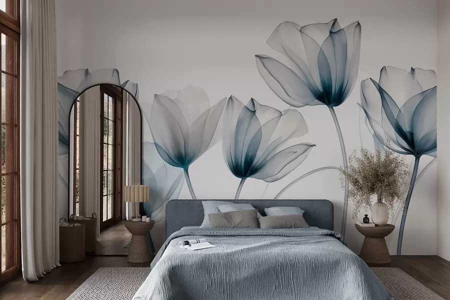 Wall Mural Photo Wallpaper Translucent blue and white tulip flowers with long stems, against light background, delicate and textured floral art w09538