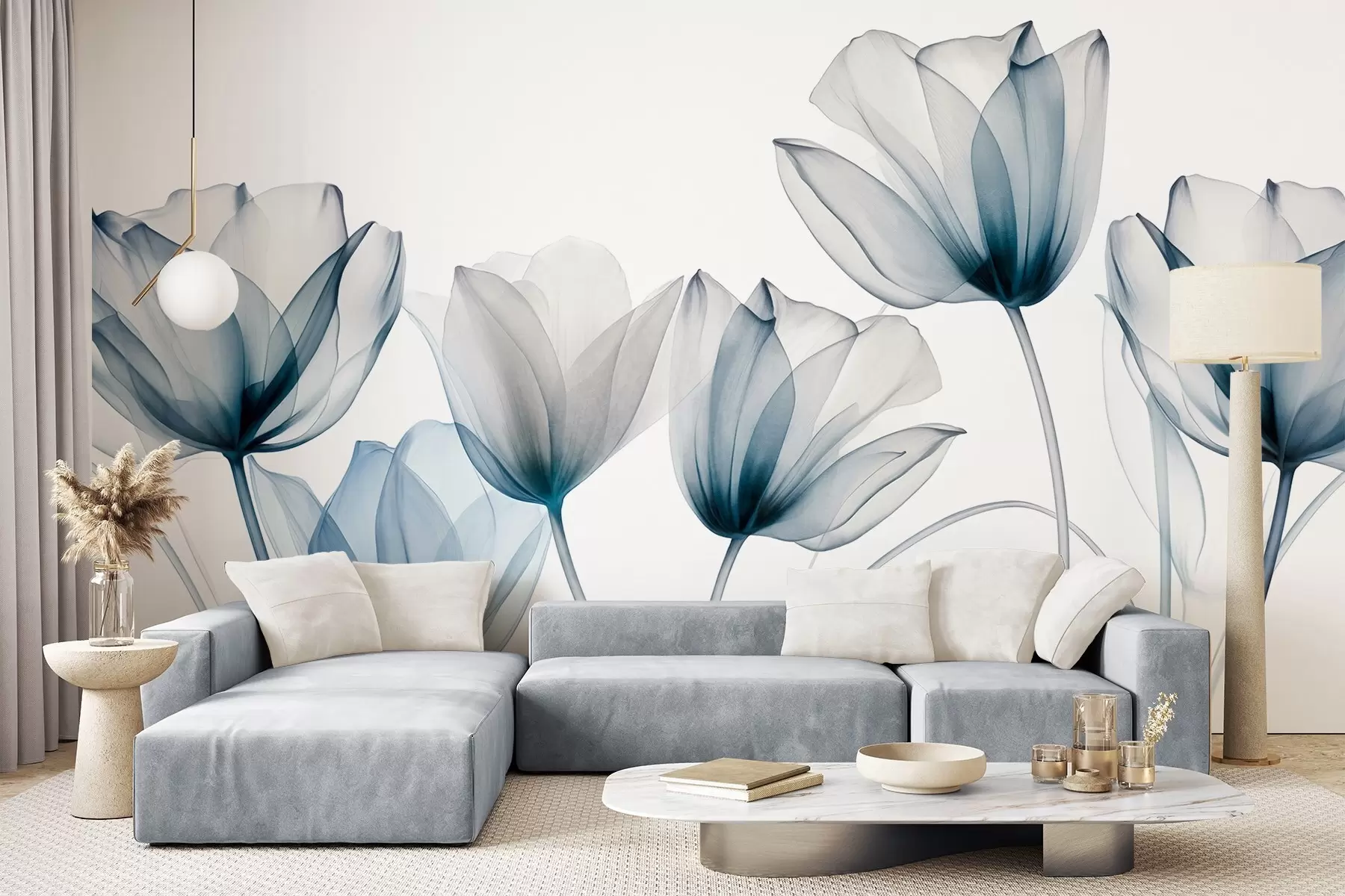 Wall Mural Photo Wallpaper Translucent blue and white tulip flowers with long stems, against light background, delicate and textured floral art w09538