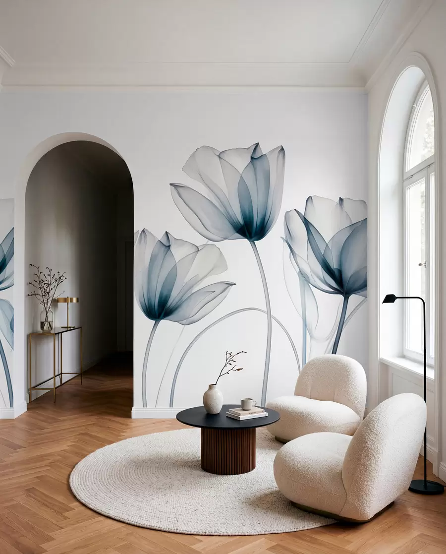 wall murals Translucent blue and white tulip flowers with long stems, against light background, delicate and textured floral art w09538