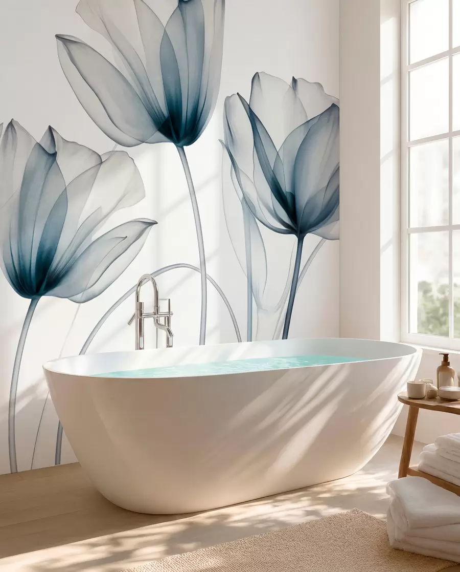 wall murals Translucent blue and white tulip flowers with long stems, against light background, delicate and textured floral art w09538