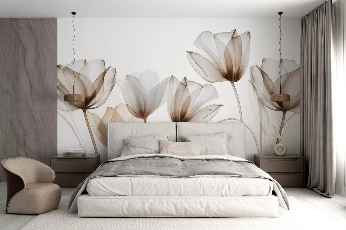 wall murals Translucent brown and white tulip flowers with long stems, against light background, delicate and textured floral art w09538v1