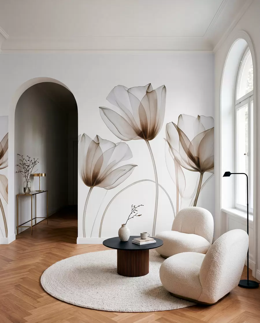 Wall Mural Photo Wallpaper Translucent brown and white tulip flowers with long stems, against light background, delicate and textured floral art w09538v1