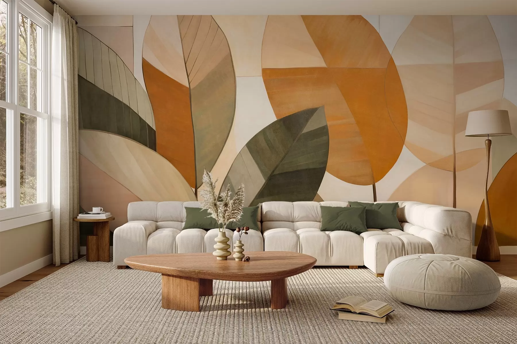 Wall Mural Photo Wallpaper Abstract large leaves in shades of orange, brown and green, textured, arranged against a light background w09539