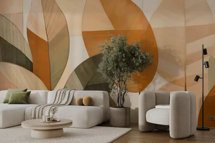 wall murals Abstract large leaves in shades of orange, brown and green, textured, arranged against a light background w09539