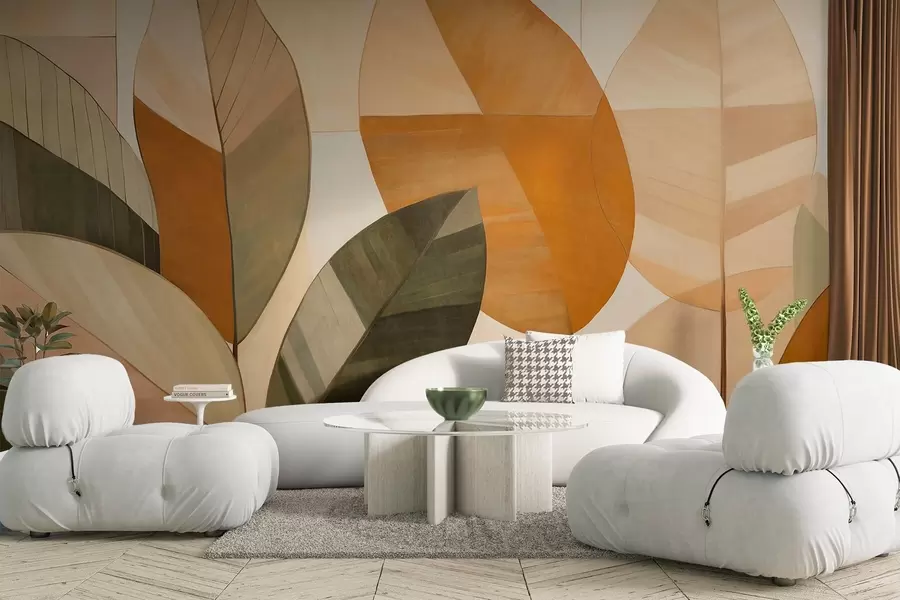 Wall Mural Photo Wallpaper Abstract large leaves in shades of orange, brown and green, textured, arranged against a light background w09539