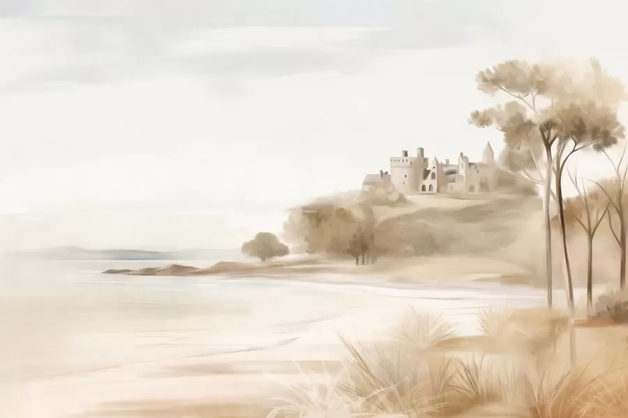 murales Paisaje con un castillo en una colina cerca del mar, una playa de arena en primer plano, colores apagados, arte texturizado. w09540