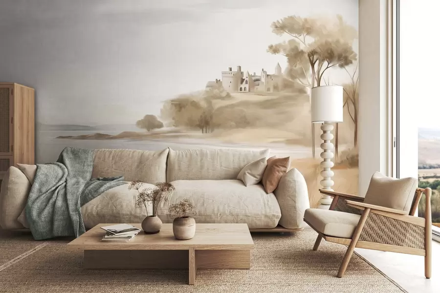 Wall Mural Photo Wallpaper Landscape with a castle on a hill near the sea, a sandy beach in the foreground, muted colors, textured art w09540