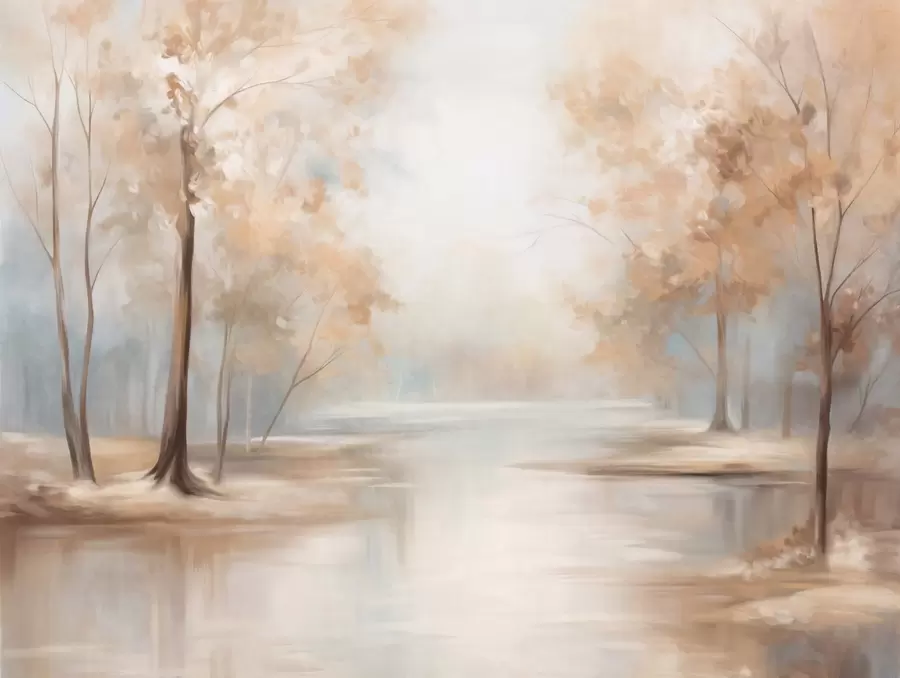 Wall Mural Photo Wallpaper Autumn textured landscape with trees and a river, soft colors, light and airy atmosphere, peaceful and tranquil scene w09541