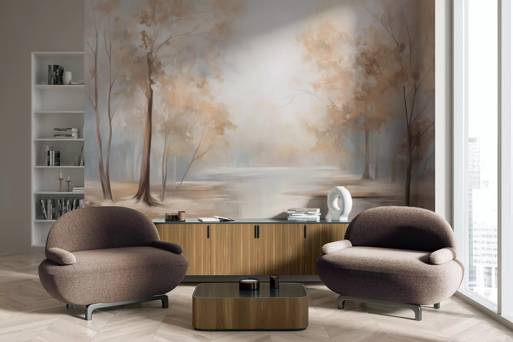 peintures murales Paysage automnal texturé avec des arbres et une rivière, couleurs douces, atmosphère légère et aérienne, scène paisible et tranquille w09541