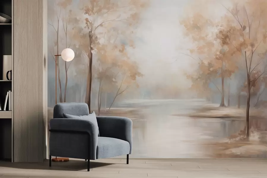 Wall Mural Photo Wallpaper Autumn textured landscape with trees and a river, soft colors, light and airy atmosphere, peaceful and tranquil scene w09541