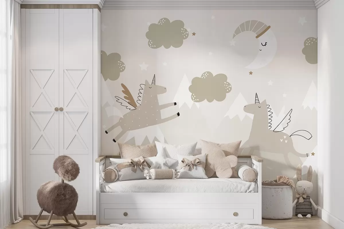 murales Luna dormida, unicornios y globos w04886