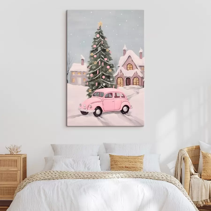 wall murals Pink car and decorated Christmas tree outside the house s46621