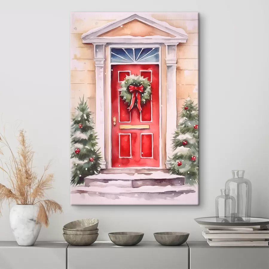 wall murals Christmas door with a wreath s46622