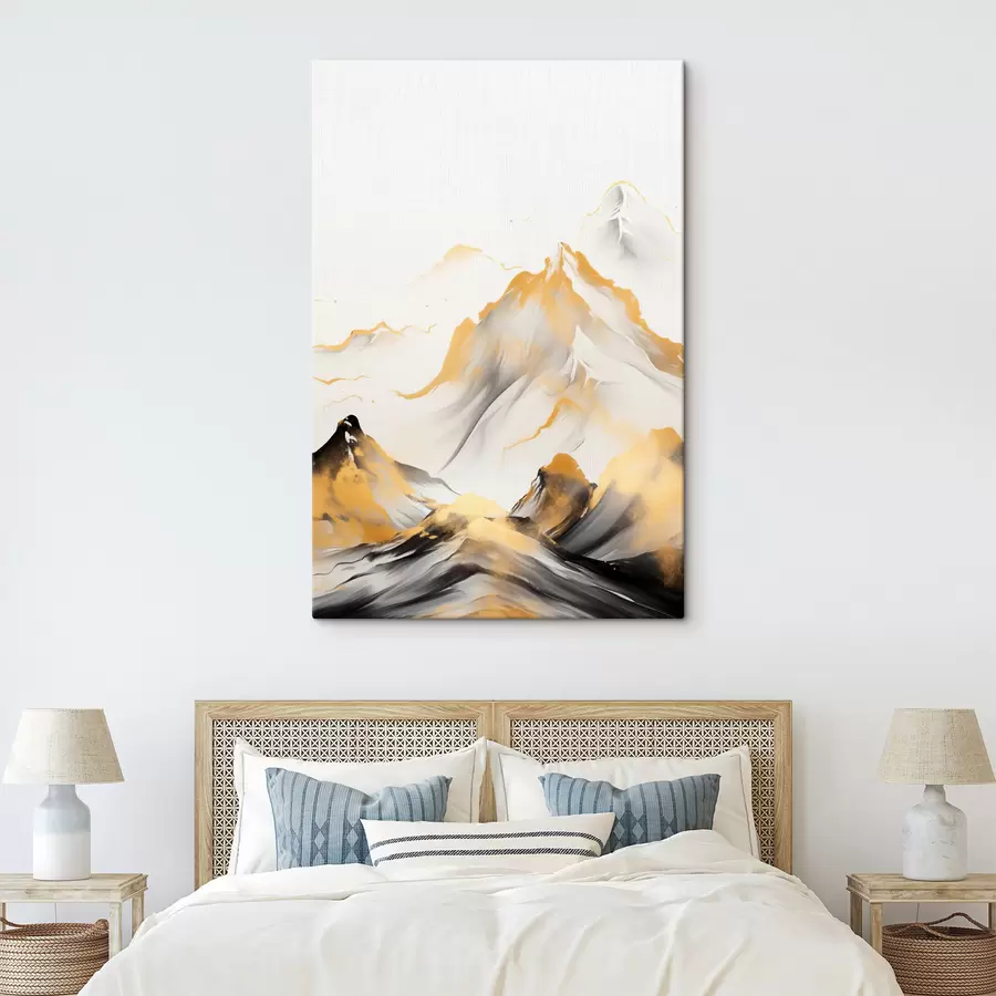 wall murals Textured yellow and black mountains with snowy peaks, ink wash painting style, minimalist mountain range s46683