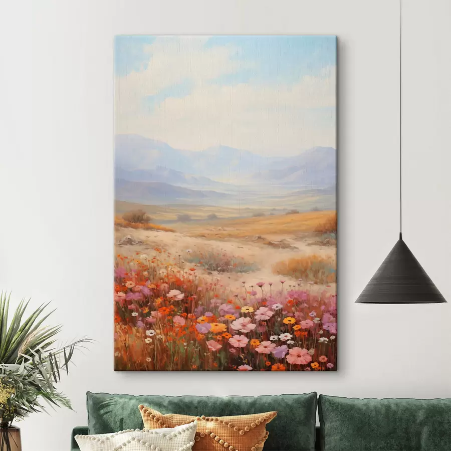 murales Paisaje, un campo de flores coloridas con montañas al fondo, colores suaves y pastel s46685