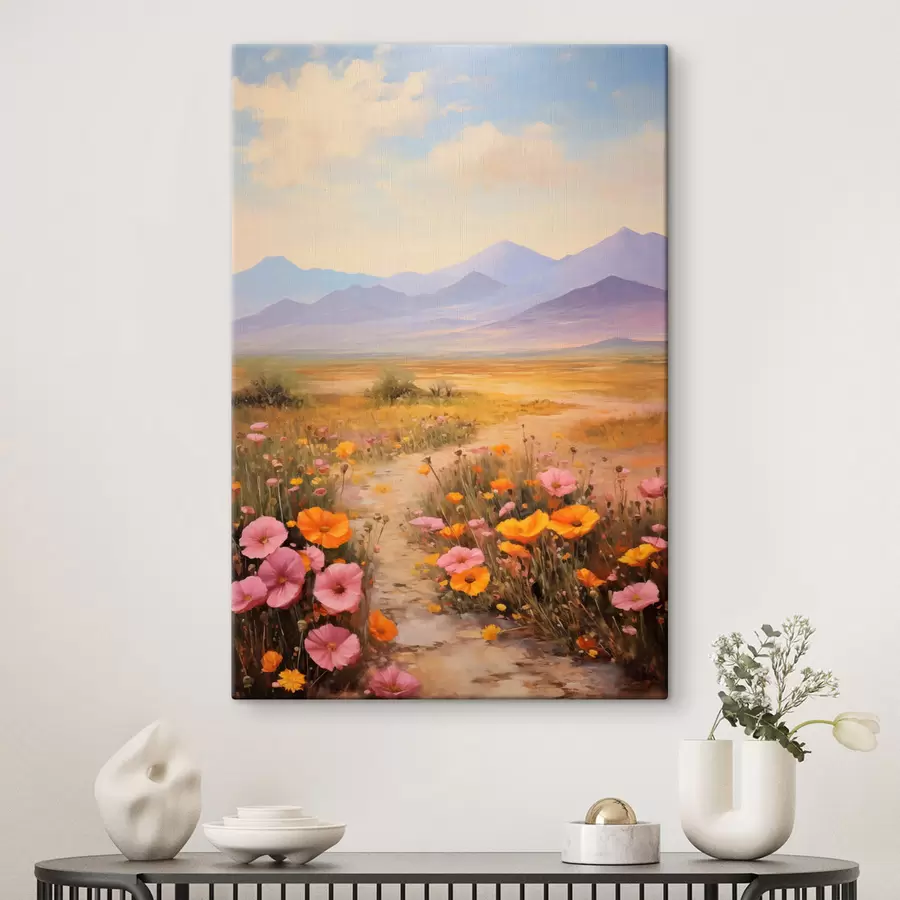 murales Paisaje, un campo de flores coloridas con montañas al fondo, colores suaves y pastel s46686
